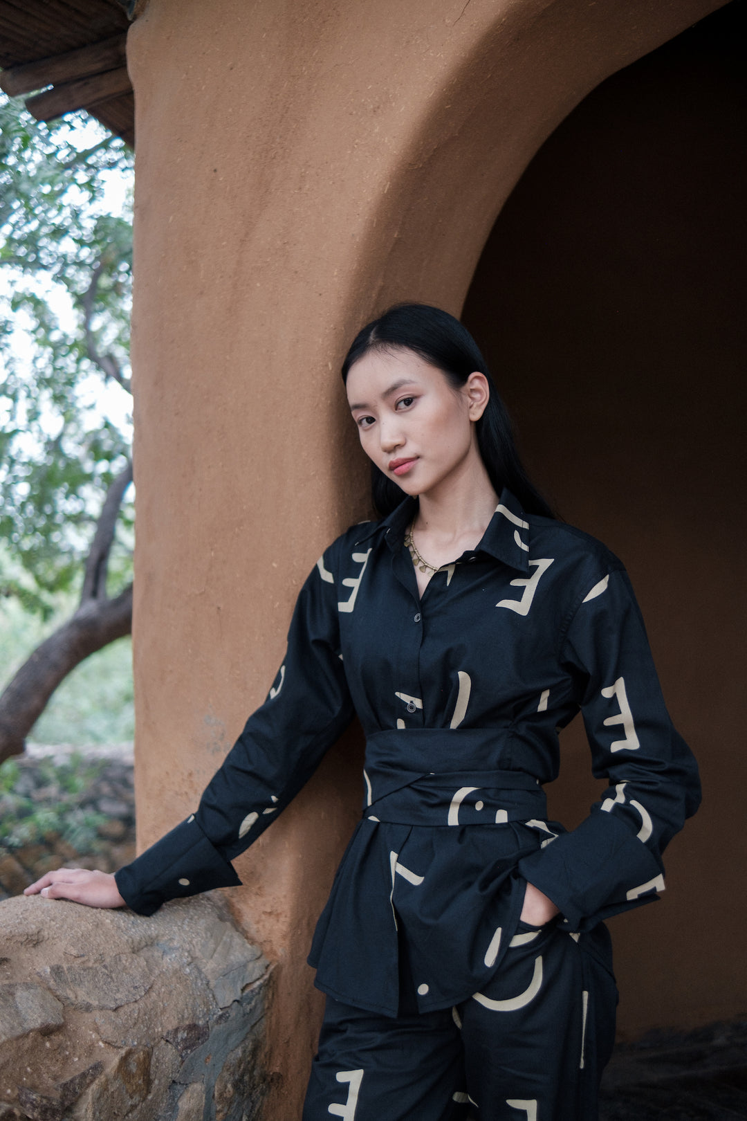 The Terra Tribe Black Line Printed Nara Front Knot Shirt