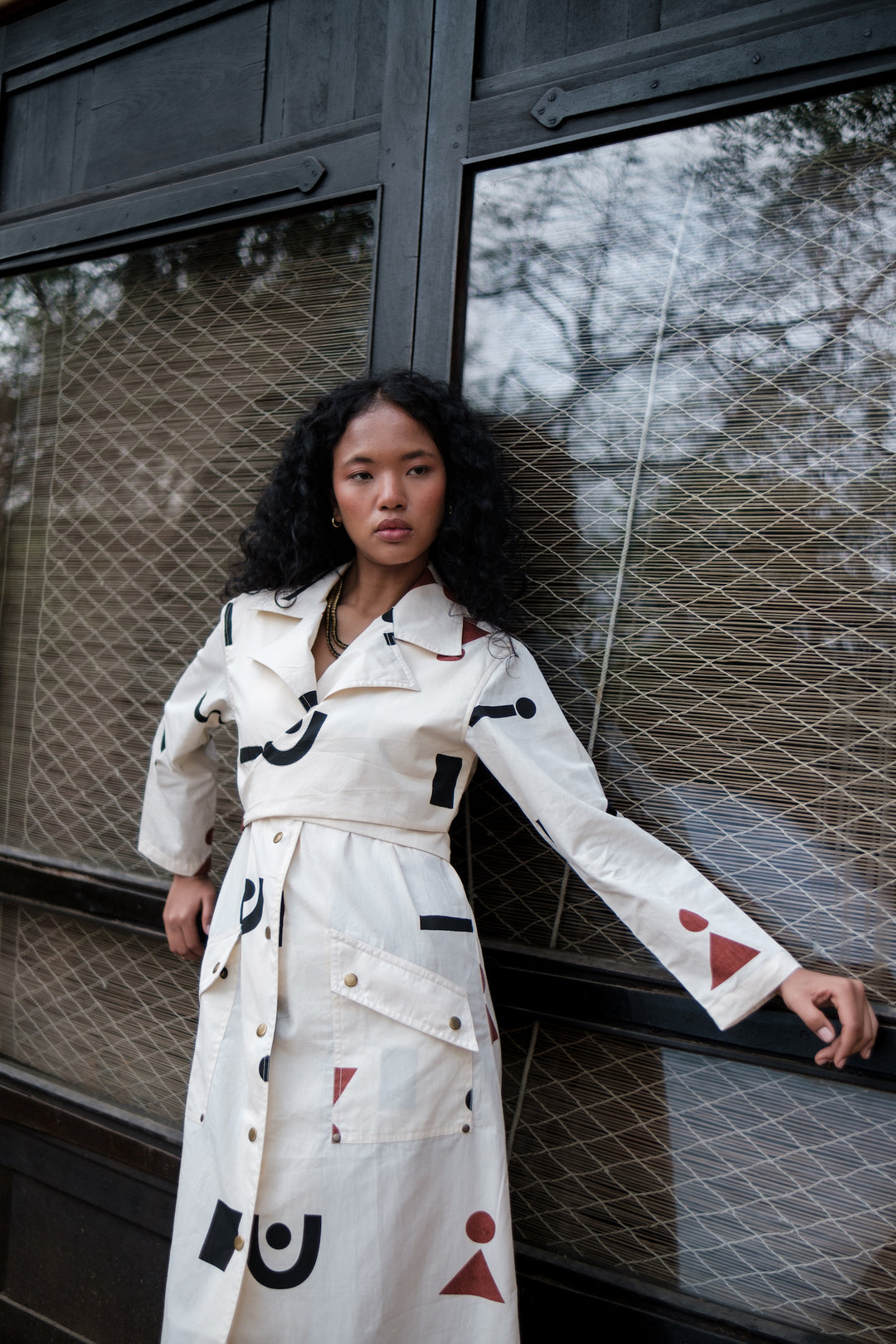 The Terra Tribe Ecru Triangle Printed Copenhagen Trench