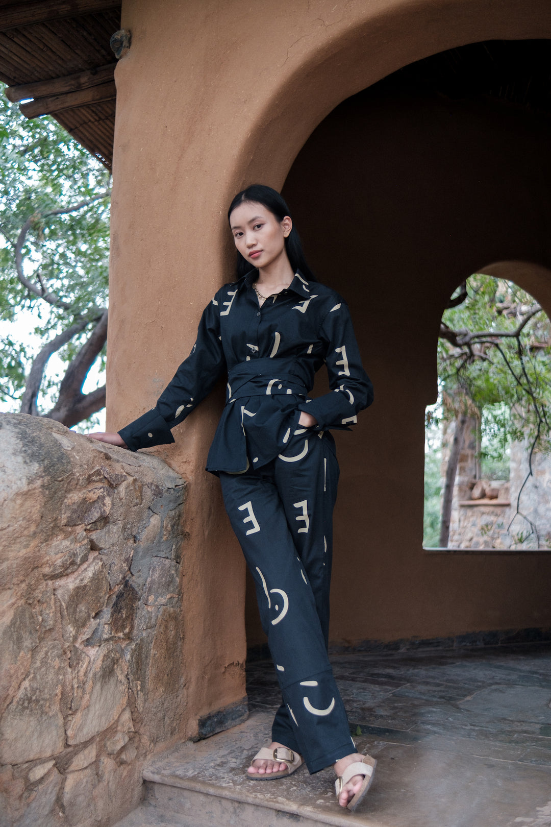 The Terra Tribe Black Line Printed Nara Front Knot Shirt