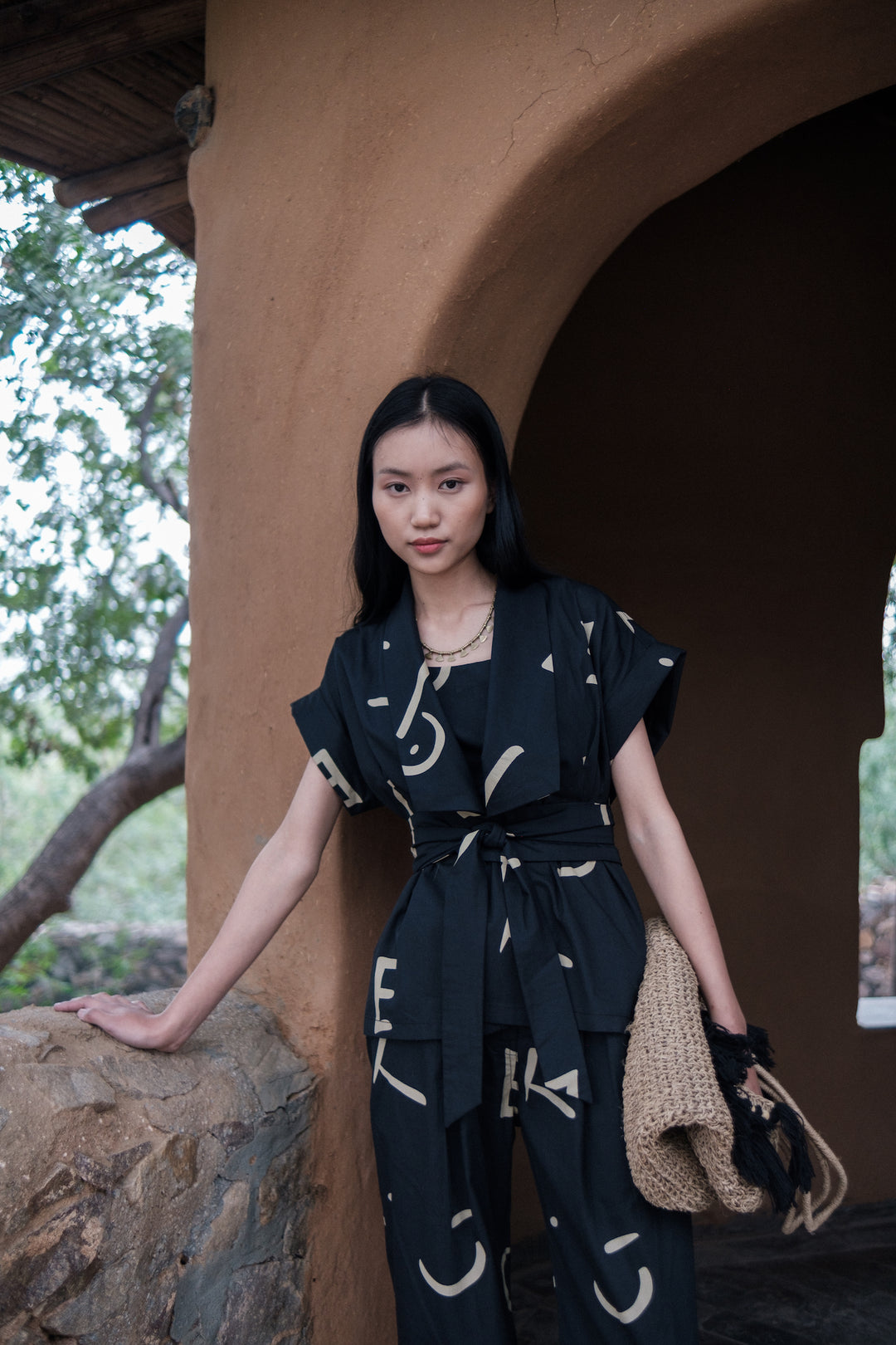 The Terra Tribe Black Line Printed Berlin Shawl Collar