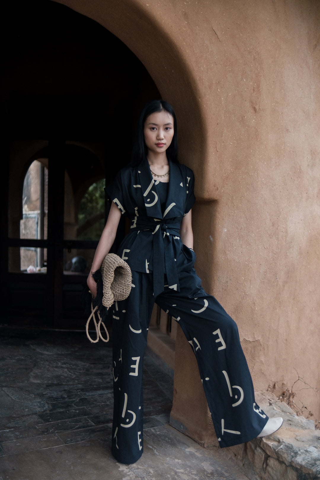 The Terra Tribe Black Line Printed Berlin Shawl Collar