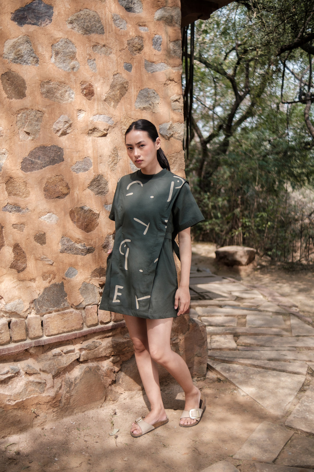 The Terra Tribe Deep Green Line Printed Rory Rib Dress