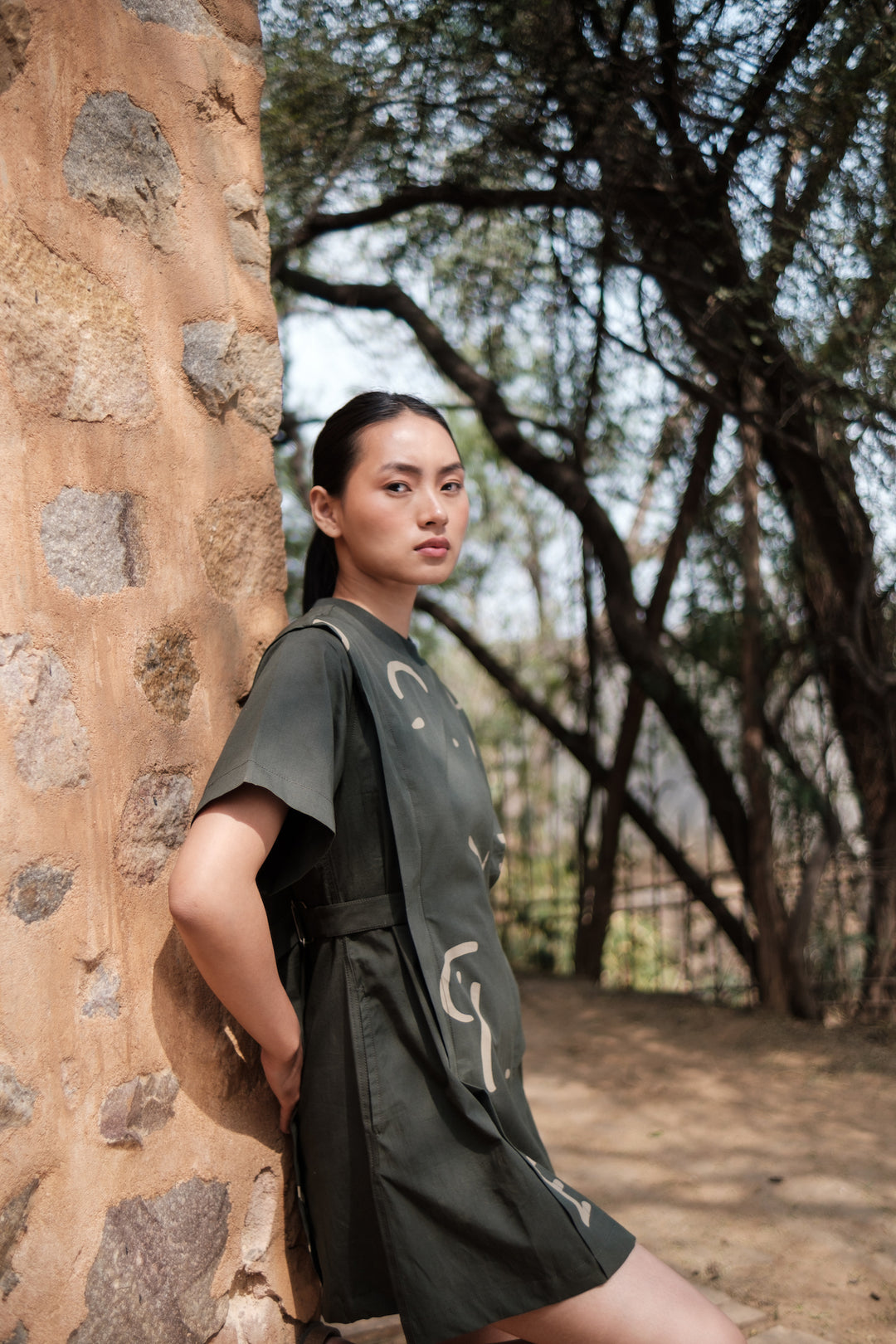 The Terra Tribe Deep Green Line Printed Rory Rib Dress