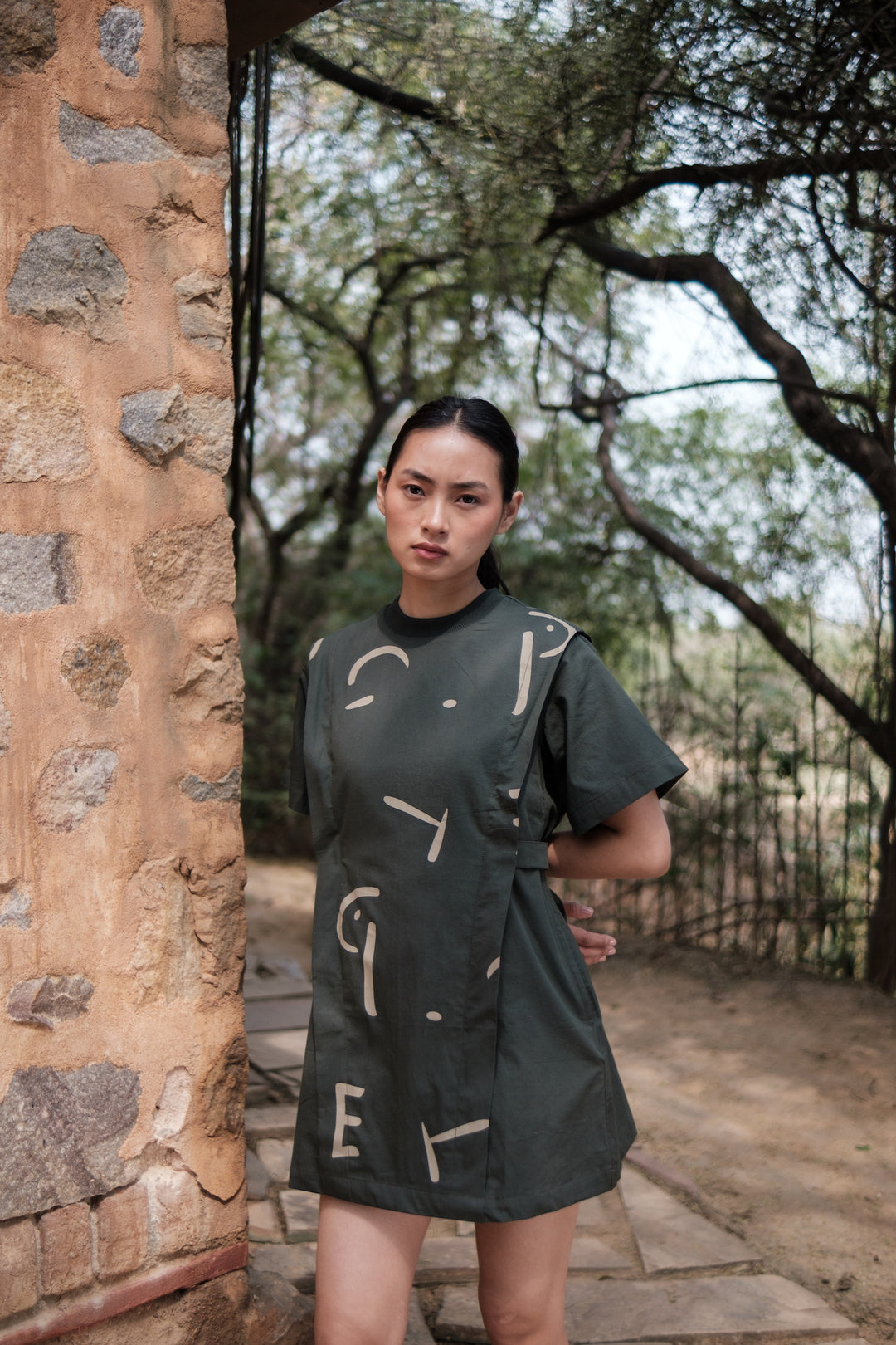 The Terra Tribe Deep Green Line Printed Rory Rib Dress