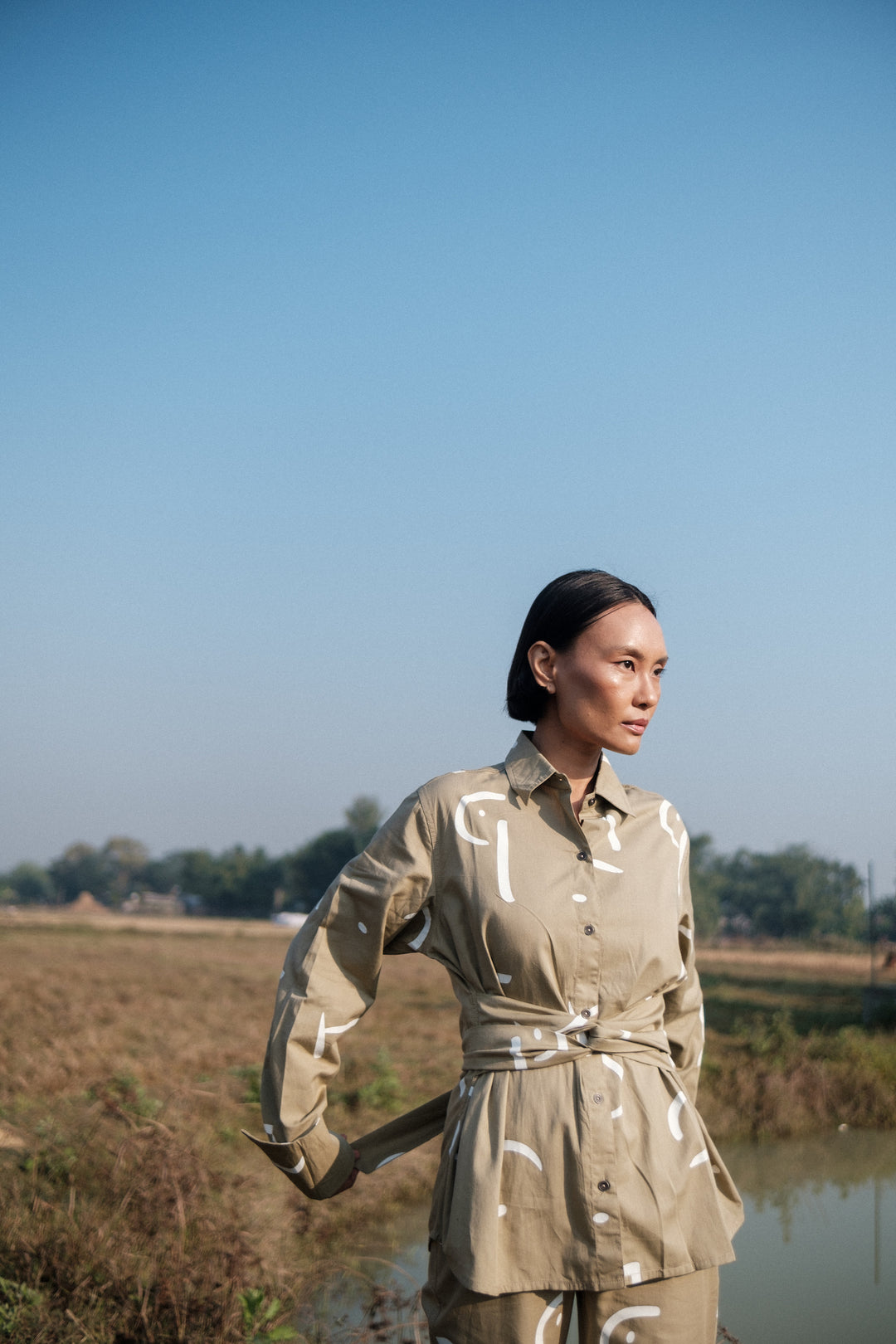 The Terra Tribe Khaki Line Printed Nara Front Knot Shirt