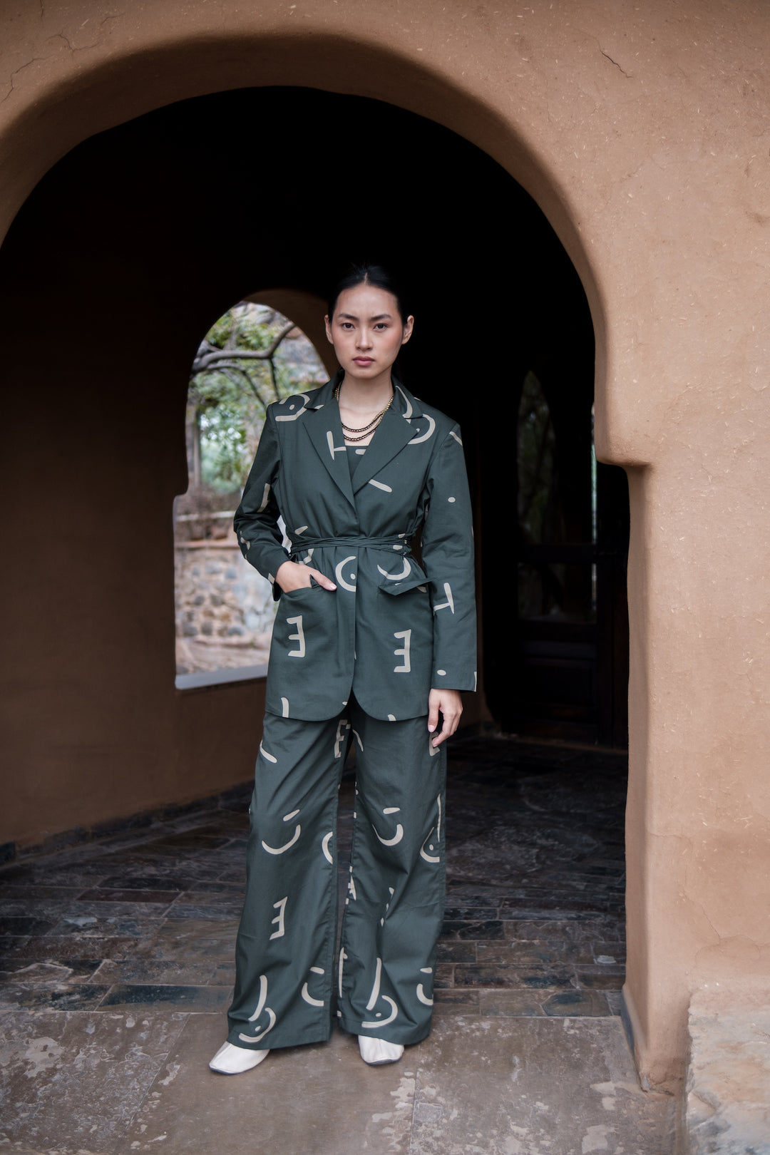 The Terra Tribe Deep Green Line Printed Cambridge Blazer