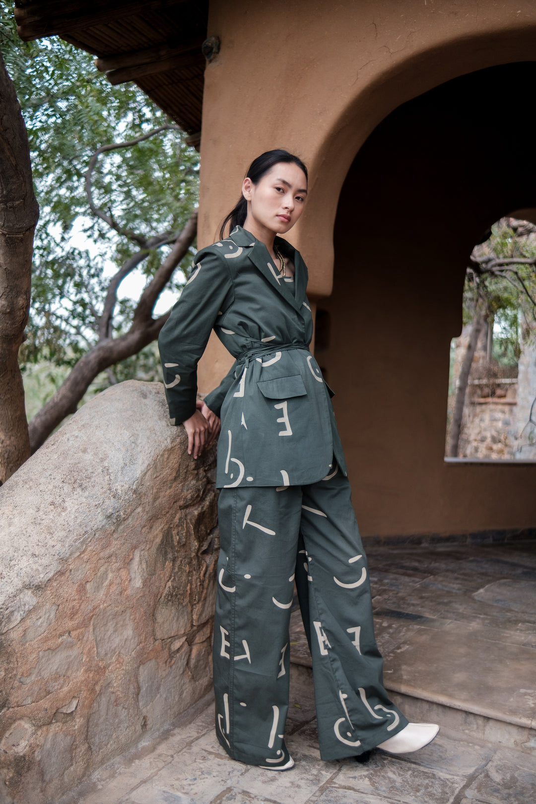 The Terra Tribe Deep Green Line Printed Cambridge Blazer