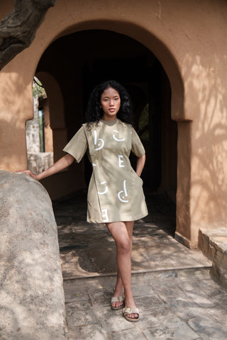 The Terra Tribe Khaki Line Printed Rory Rib Dress