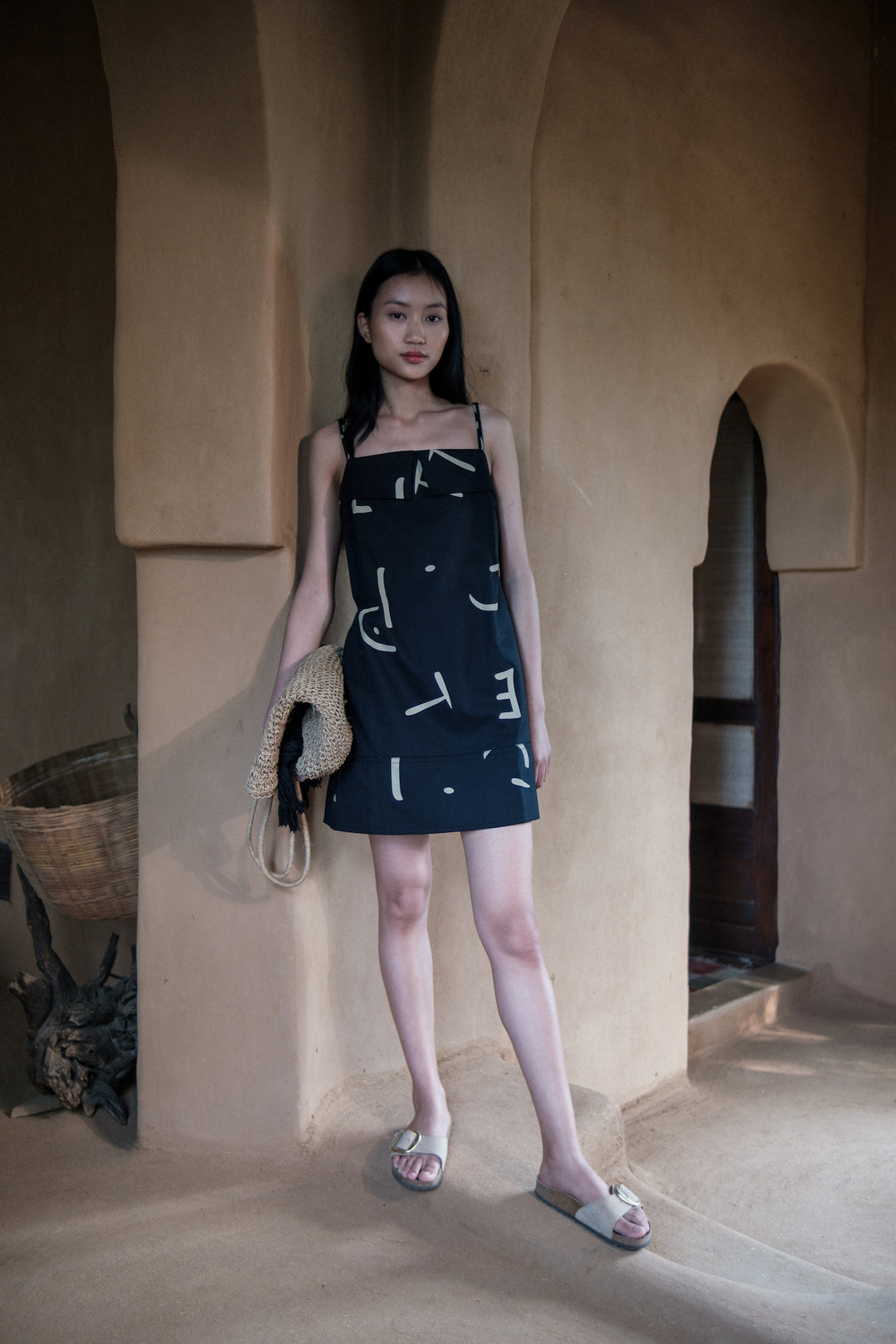 The Terra Tribe Black Line Printed Rachel Slip Dress