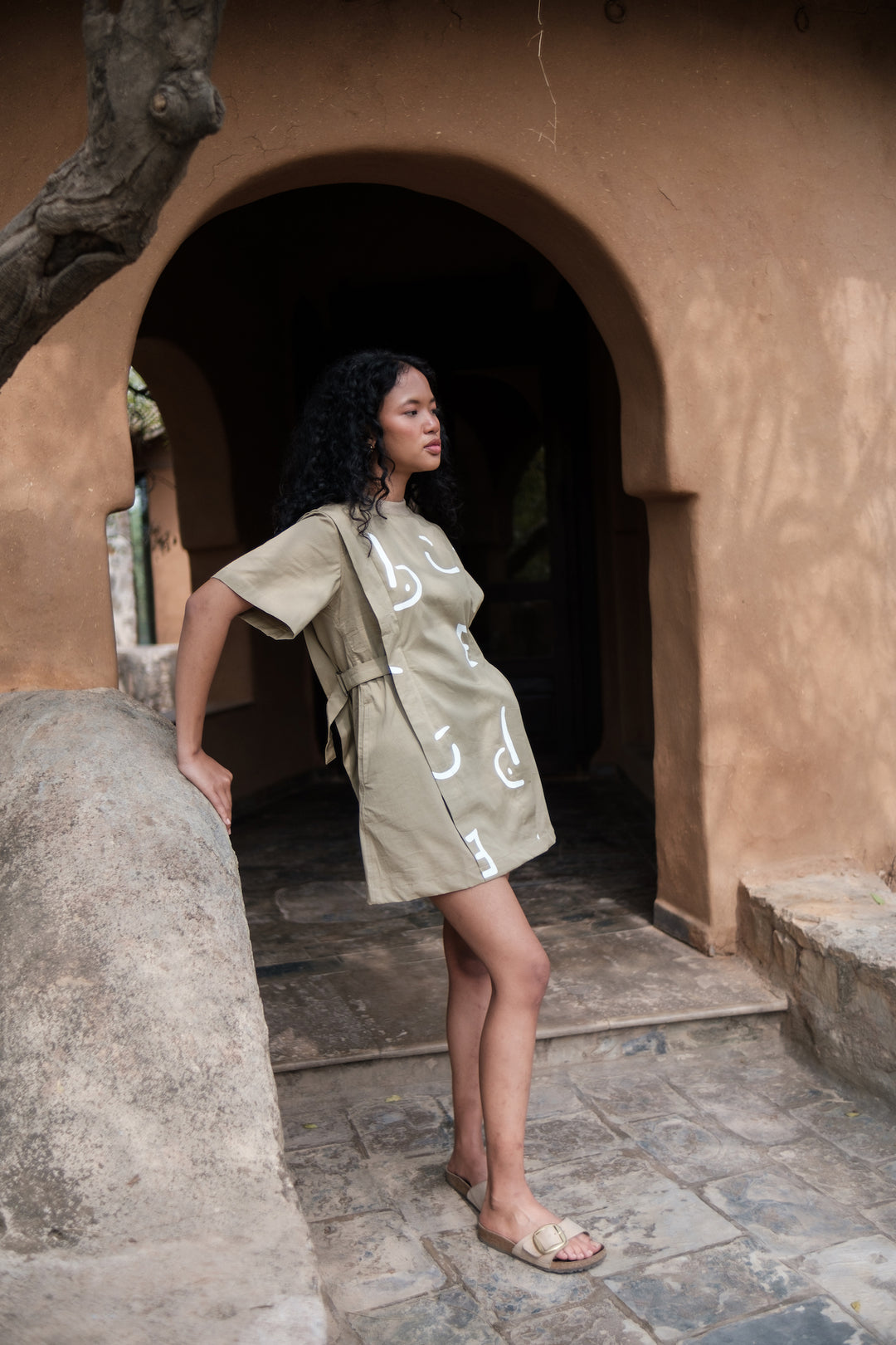 The Terra Tribe Khaki Line Printed Rory Rib Dress