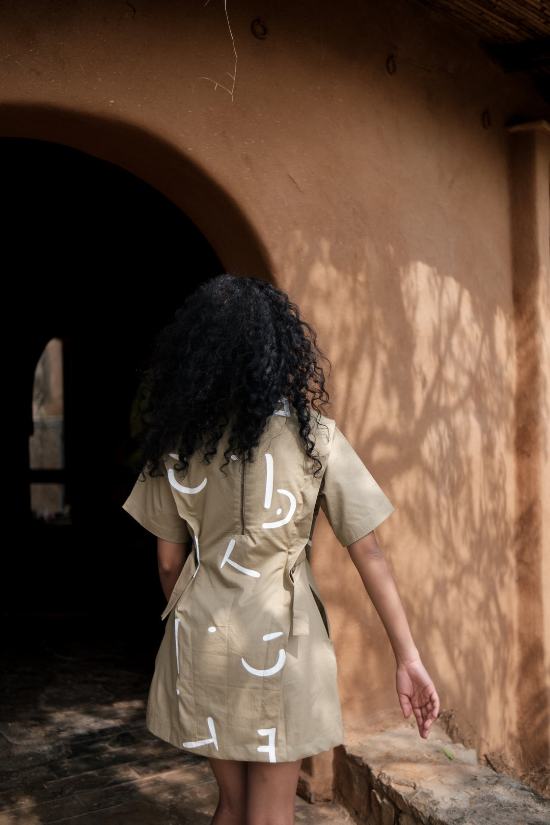 The Terra Tribe Khaki Line Printed Rory Rib Dress