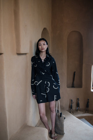 The Terra Tribe Black Line Printed Seattle Wrap Shirt Dress