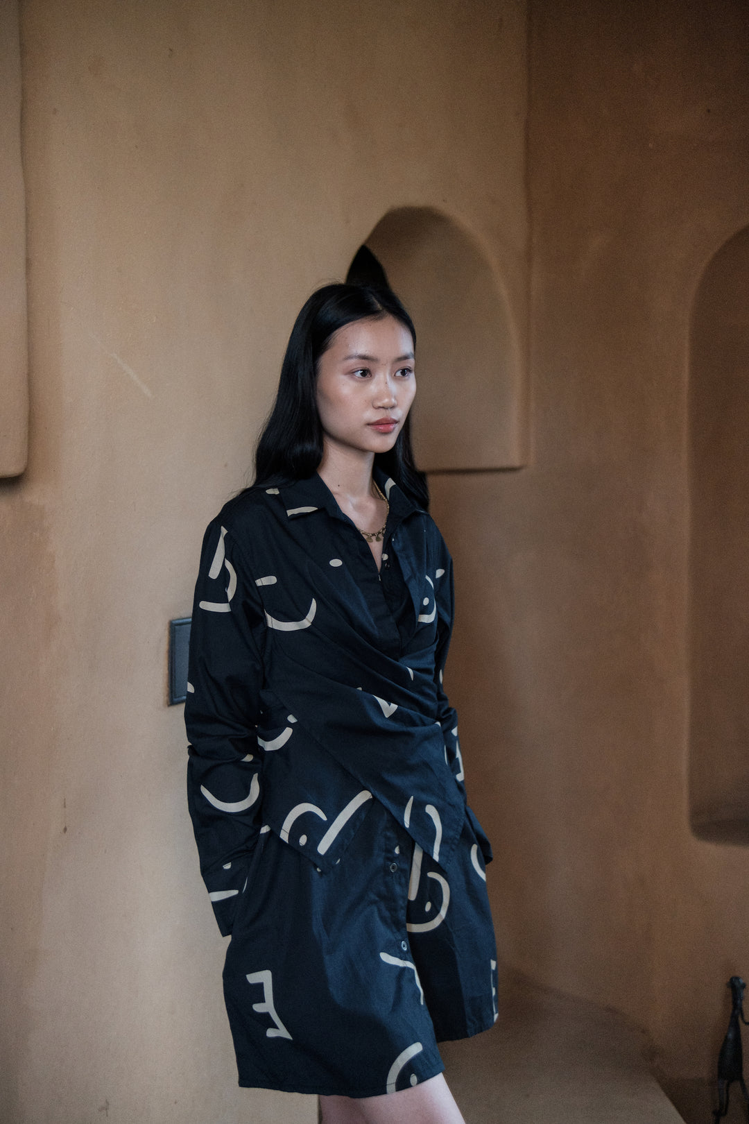 The Terra Tribe Black Line Printed Seattle Wrap Shirt Dress