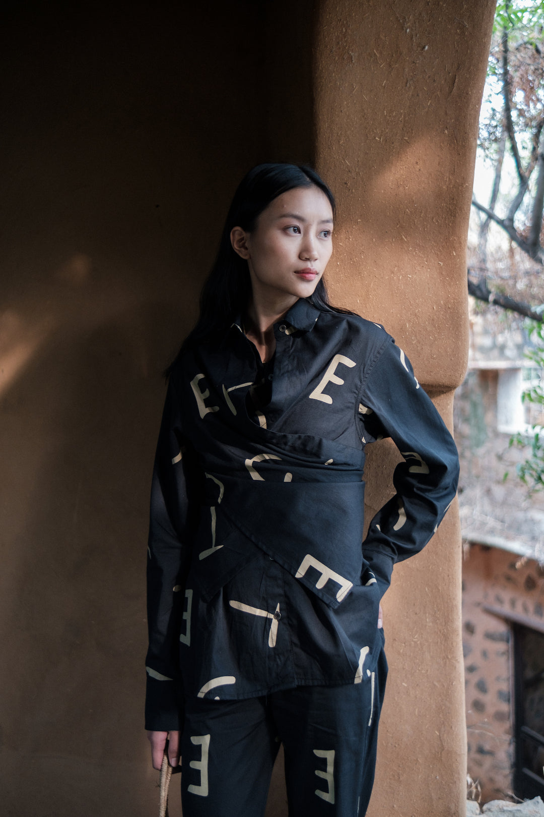 The Terra Tribe Black Line Printed Seattle Wrap Shirt