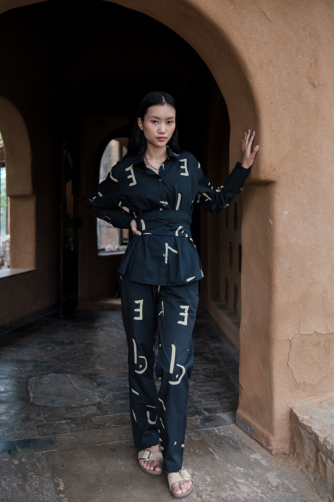 The Terra Tribe Black Line Printed Nara Front Knot Shirt