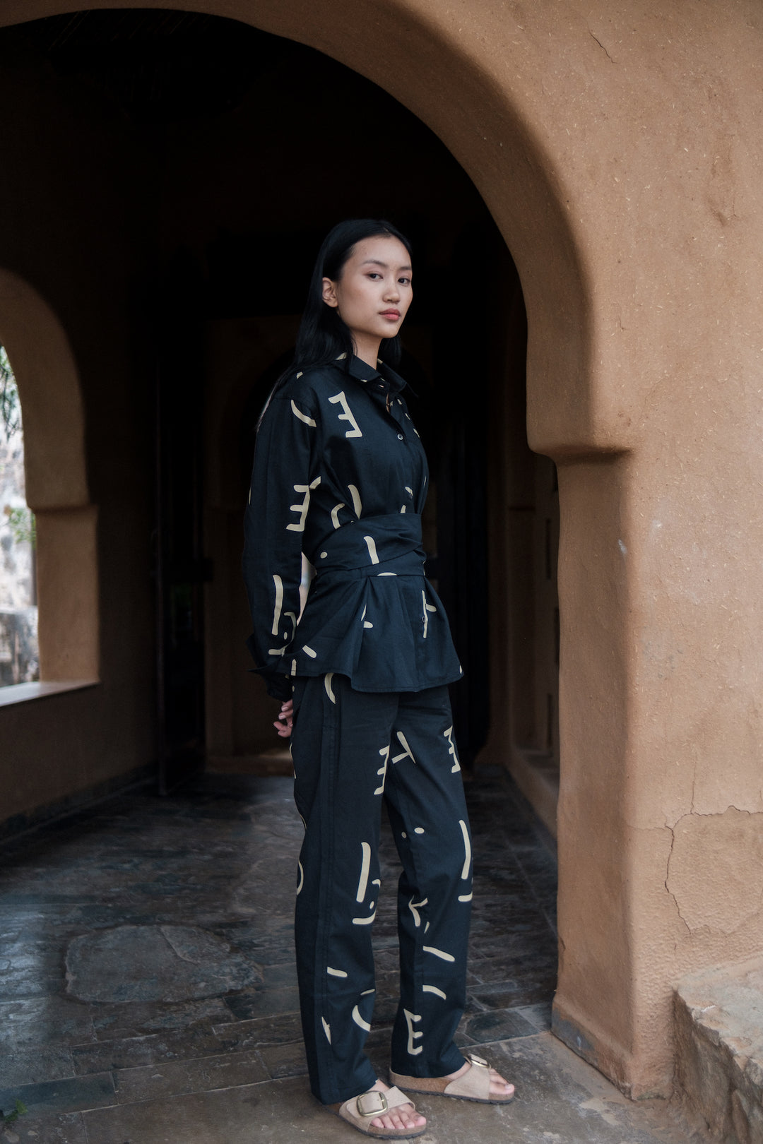 The Terra Tribe Black Line Printed Nara Front Knot Shirt