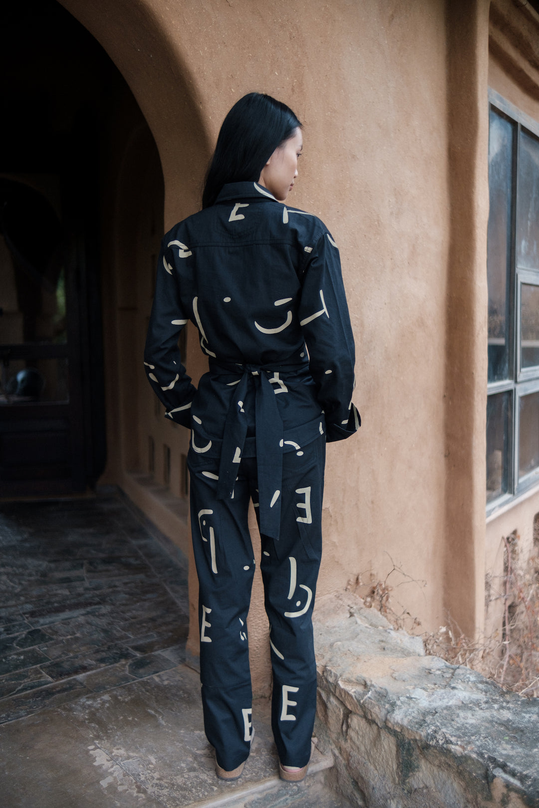 The Terra Tribe Black Line Printed Nara Front Knot Shirt