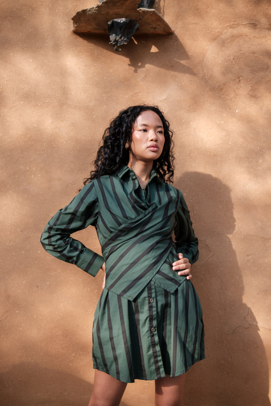 The Terra Tribe Deep Green Stripes Seattle Wrap Shirt Dress