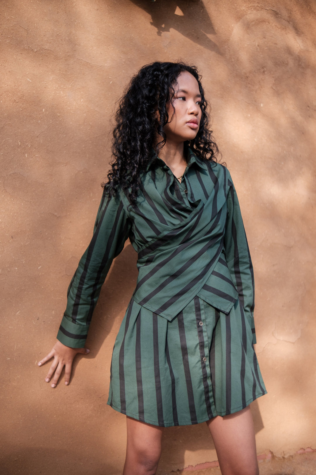 The Terra Tribe Deep Green Stripes Seattle Wrap Shirt Dress