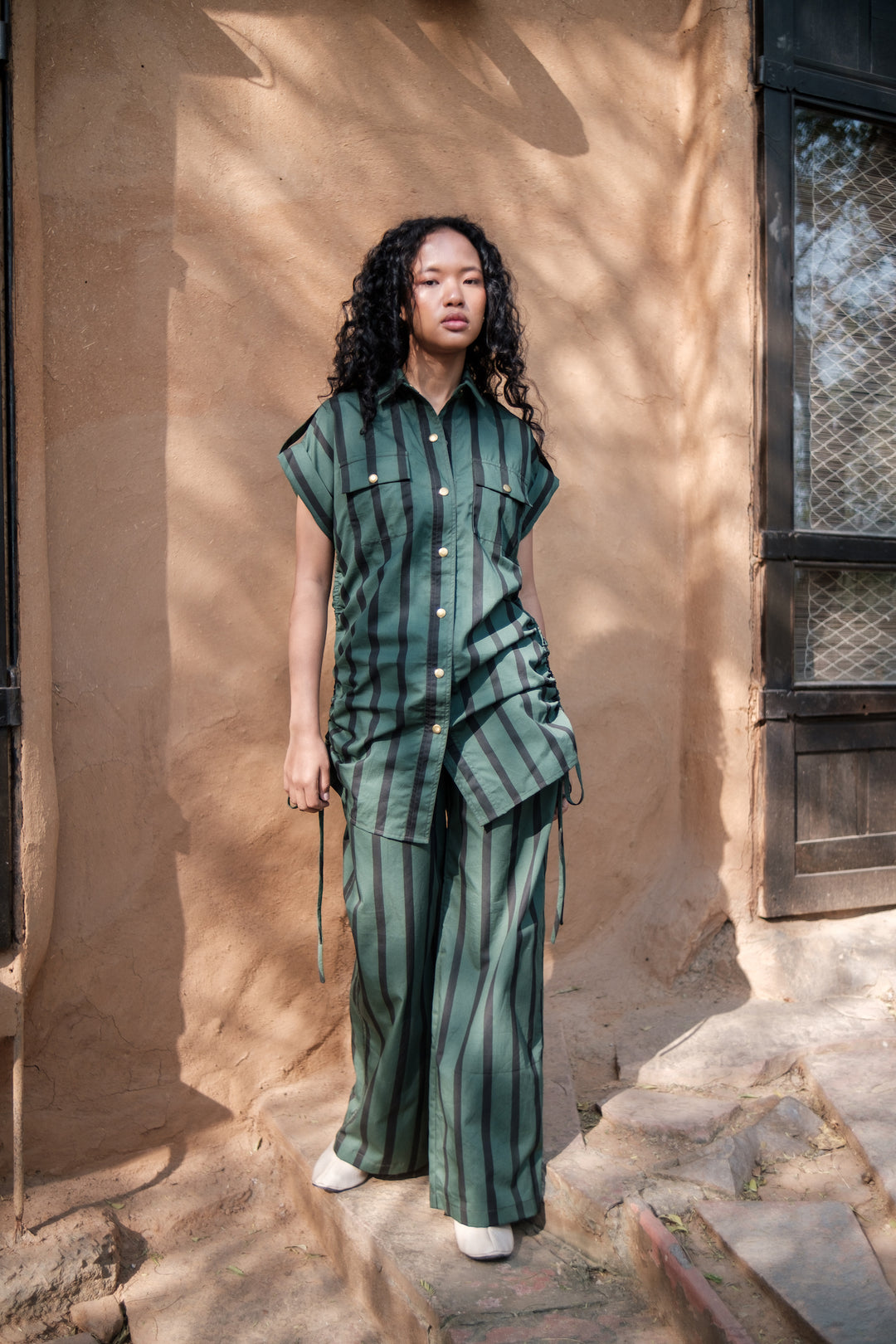 The Terra Tribe Deep Green Stripes Sunrise Gather Shirt