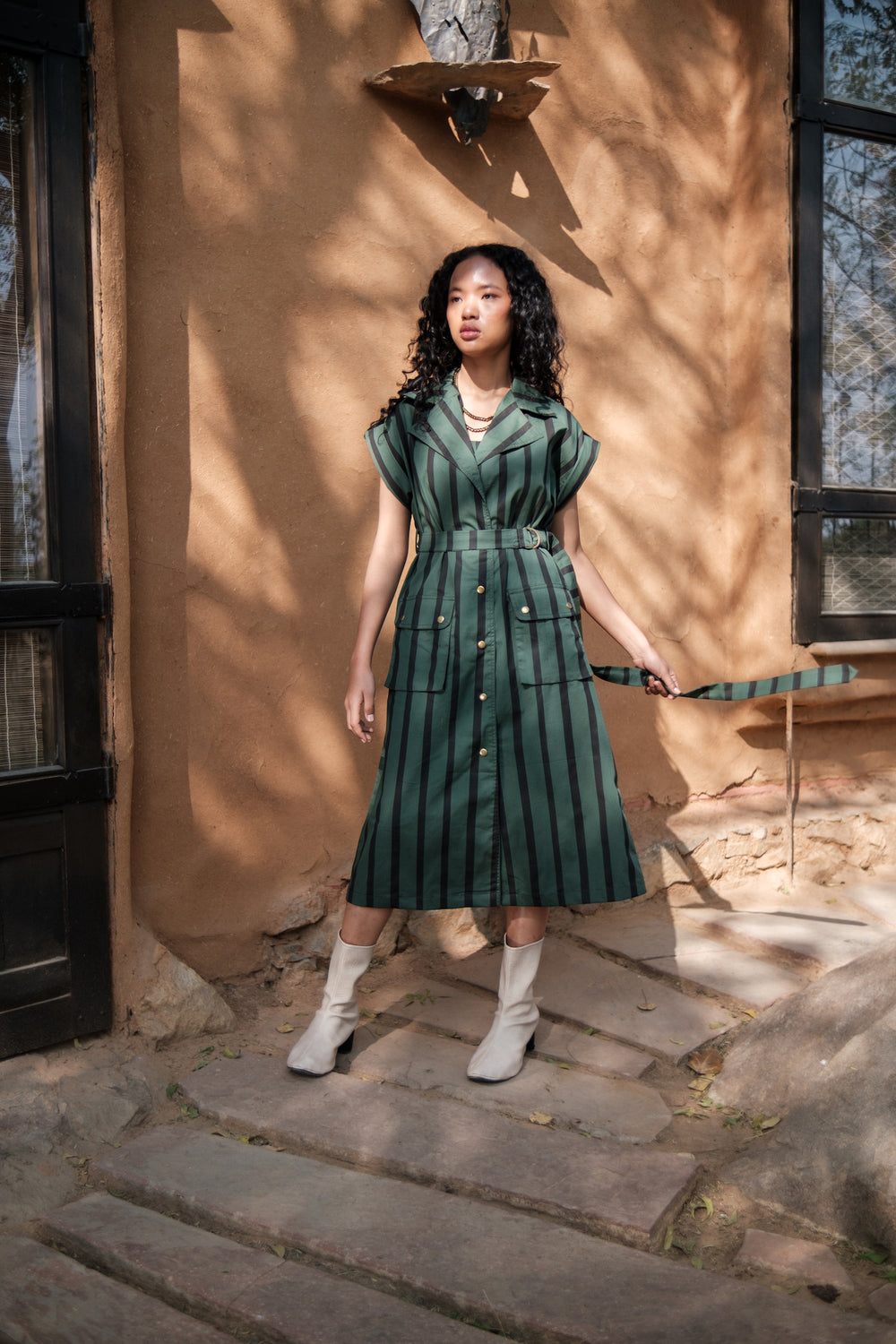 The Terra Tribe Deep Green Stripes Harajuku Trench