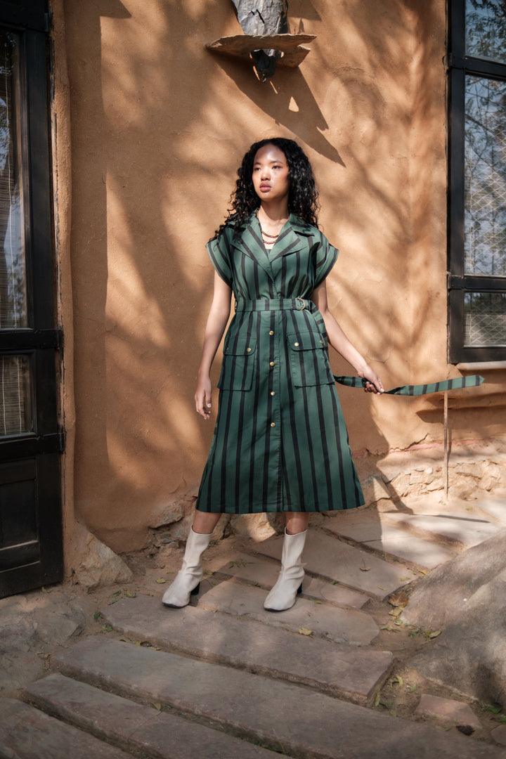 The Terra Tribe Deep Green Stripes Harajuku Trench