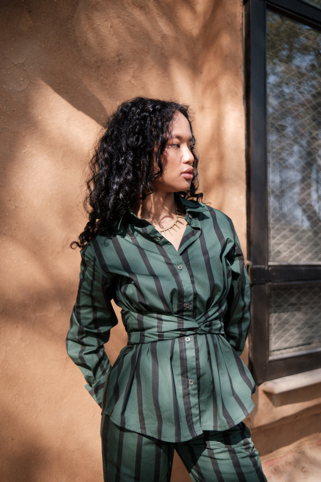 The Terra Tribe Deep Green Stripes Nara Front Knot Shirt