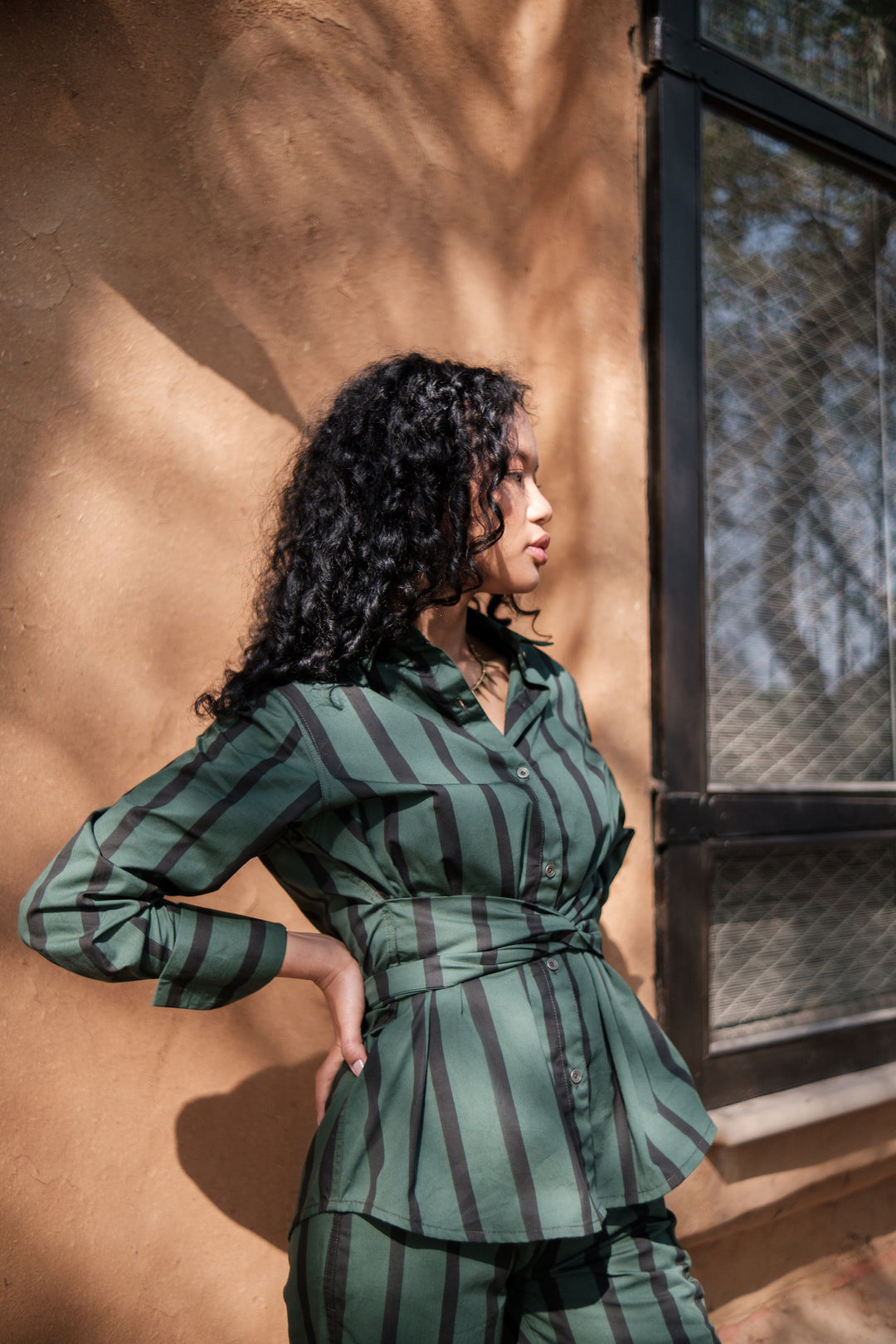 The Terra Tribe Deep Green Stripes Nara Front Knot Shirt