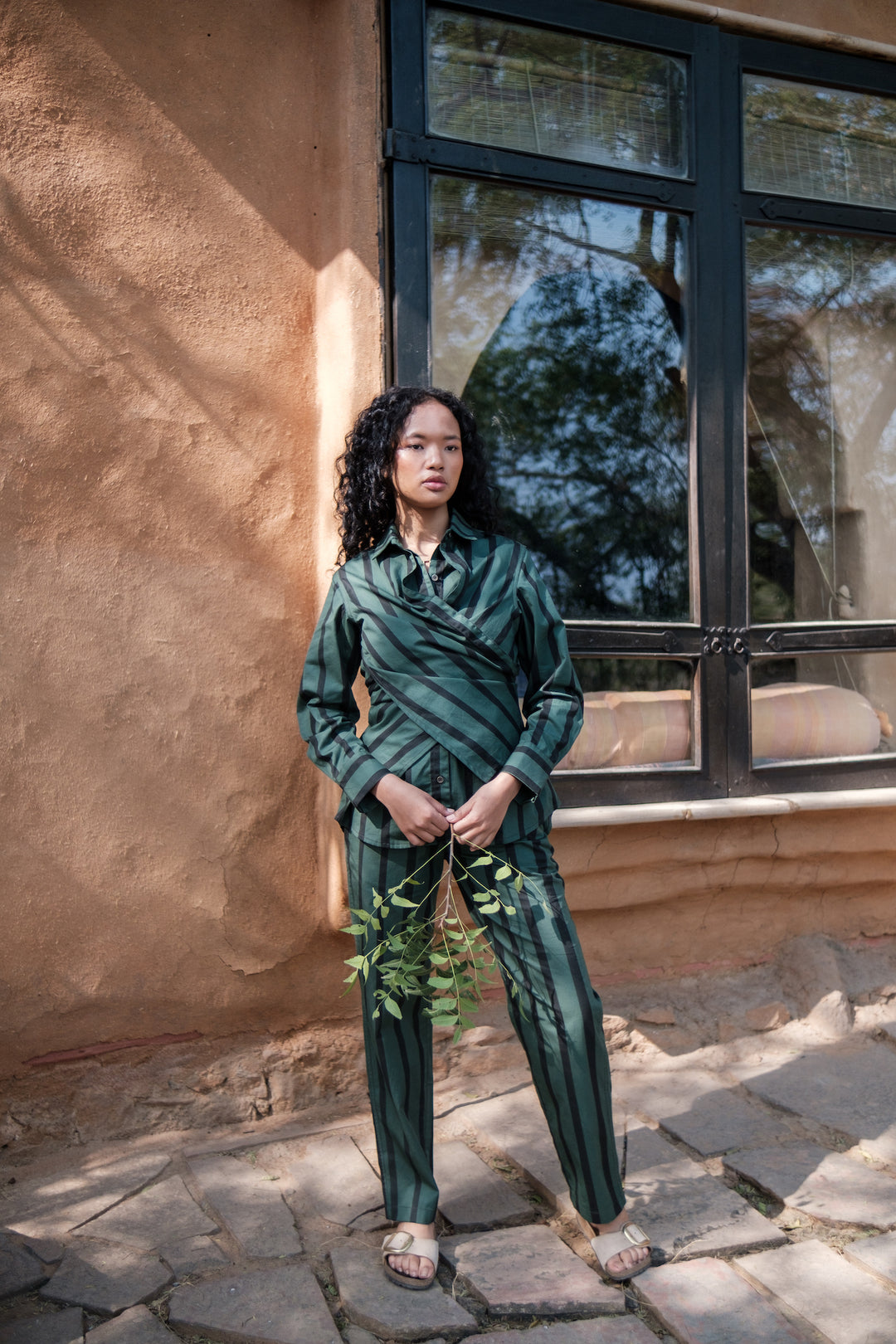 The Terra Tribe Deep Green Stripes Seattle Wrap Shirt