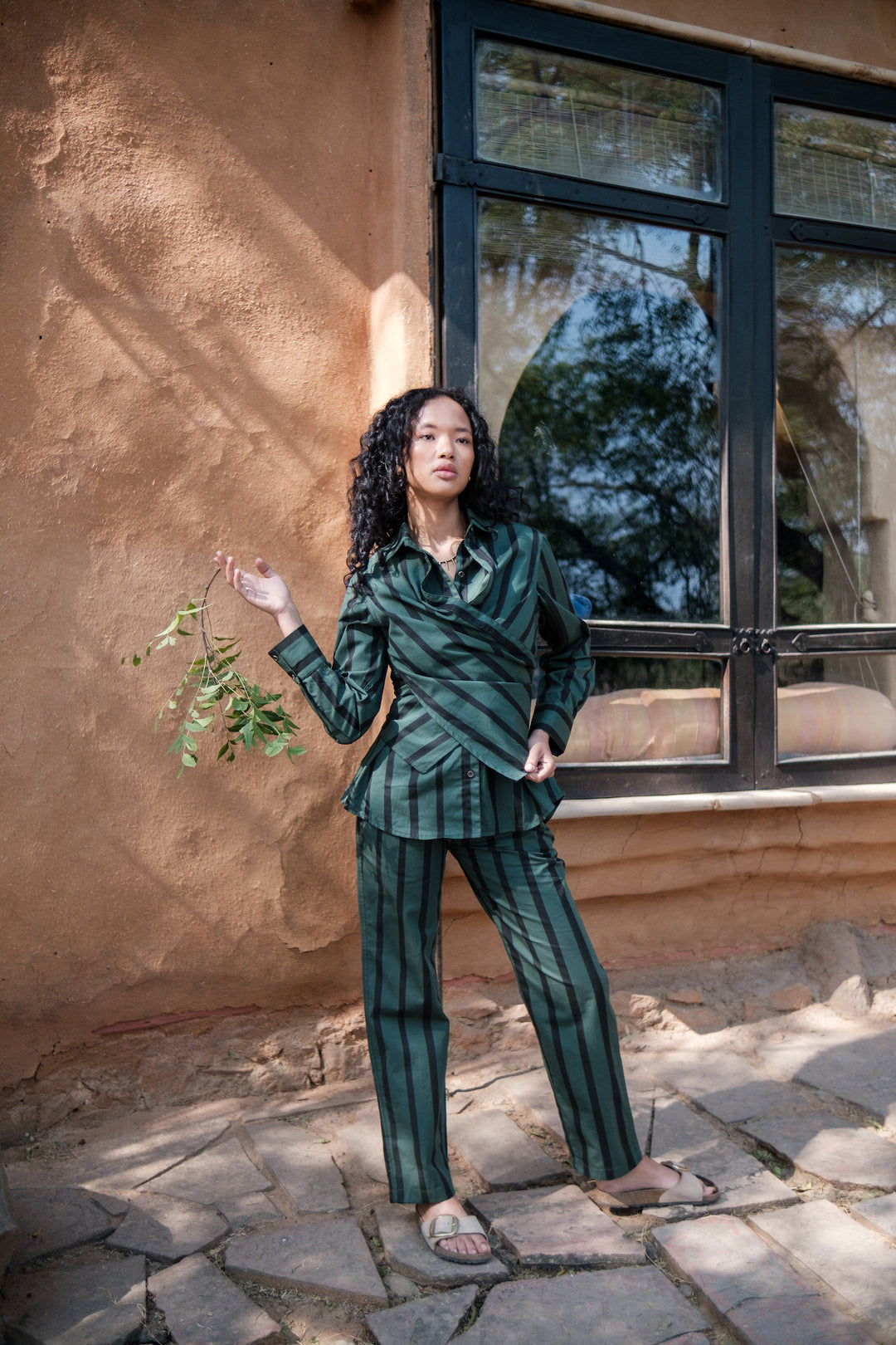 The Terra Tribe Deep Green Stripes Seattle Wrap Shirt