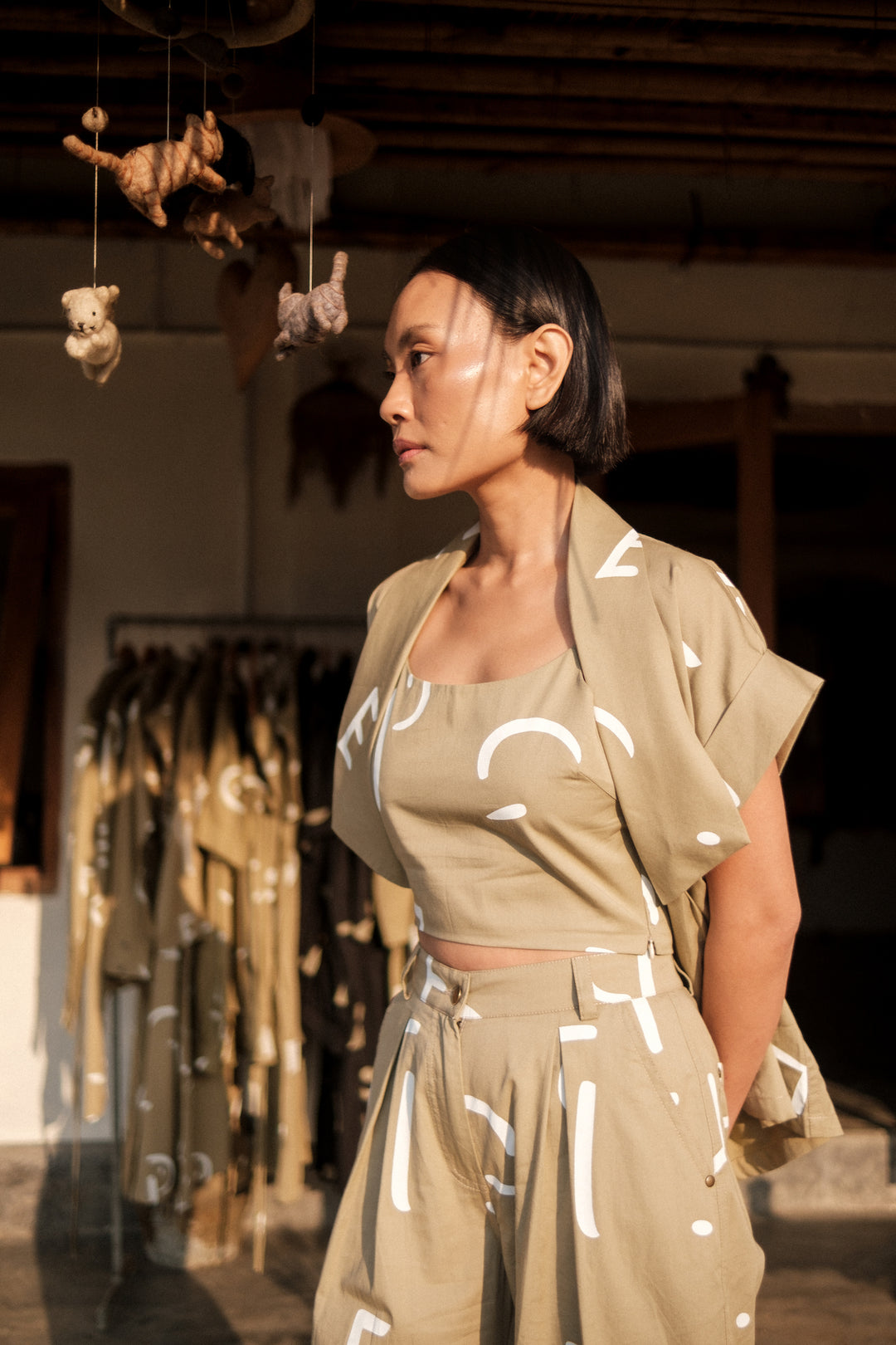 The Terra Tribe Khaki Line Printed Berlin Shawl Collar