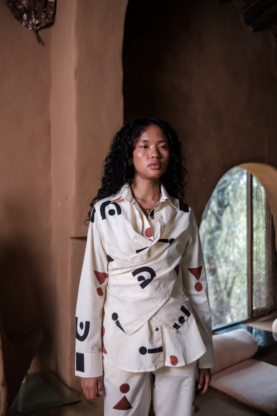 The Terra Tribe Ecru Triangle Printed Seattle Wrap Shirt