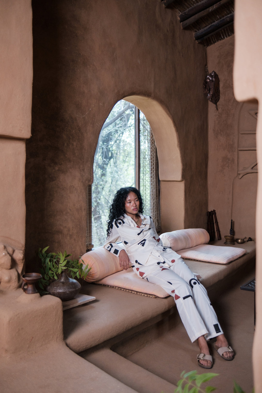 The Terra Tribe Ecru Triangle Printed Sandra Straight Pants