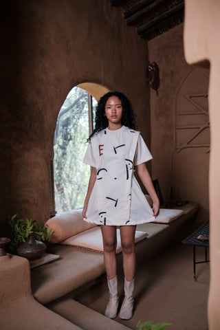 The Terra Tribe Ecru Line Printed Rory Rib Dress