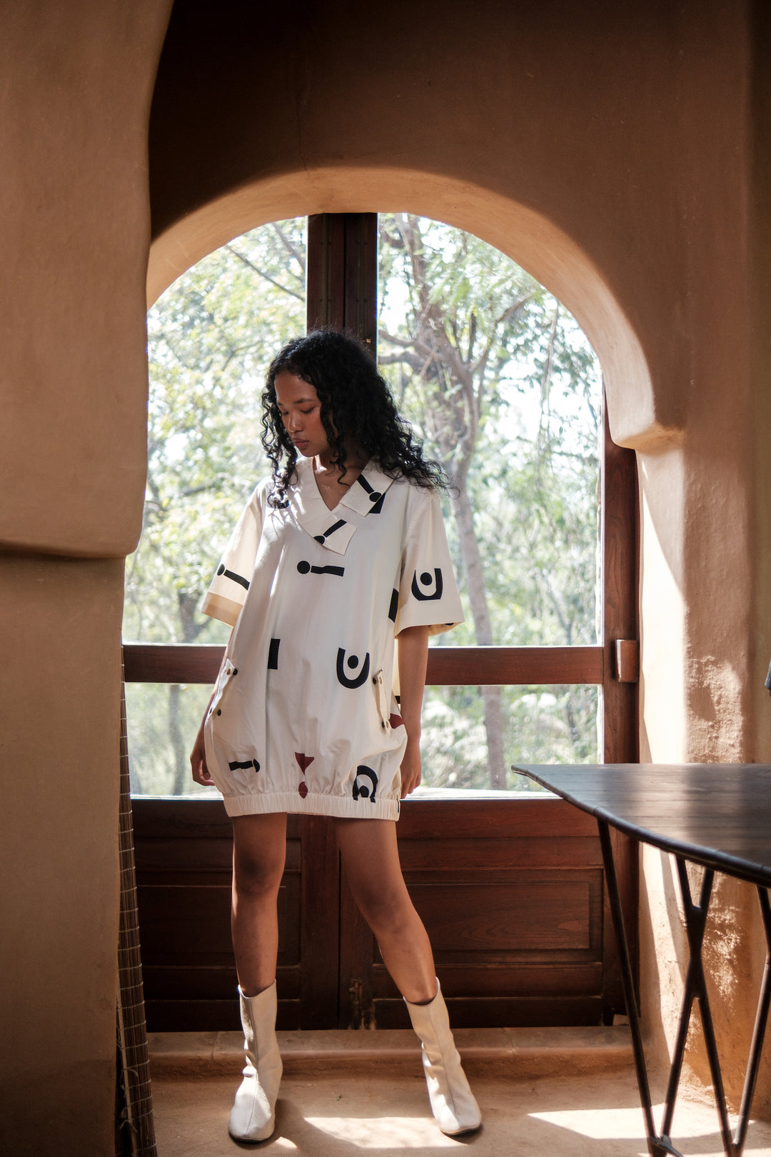 The Terra Tribe Ecru Triangle Printed Sydney Shift Dress