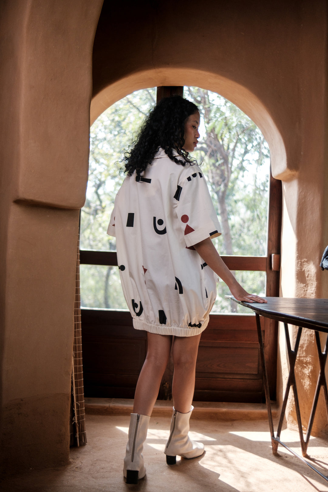 The Terra Tribe Ecru Triangle Printed Sydney Shift Dress