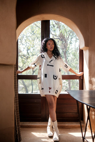 The Terra Tribe Ecru Triangle Printed Sydney Shift Dress