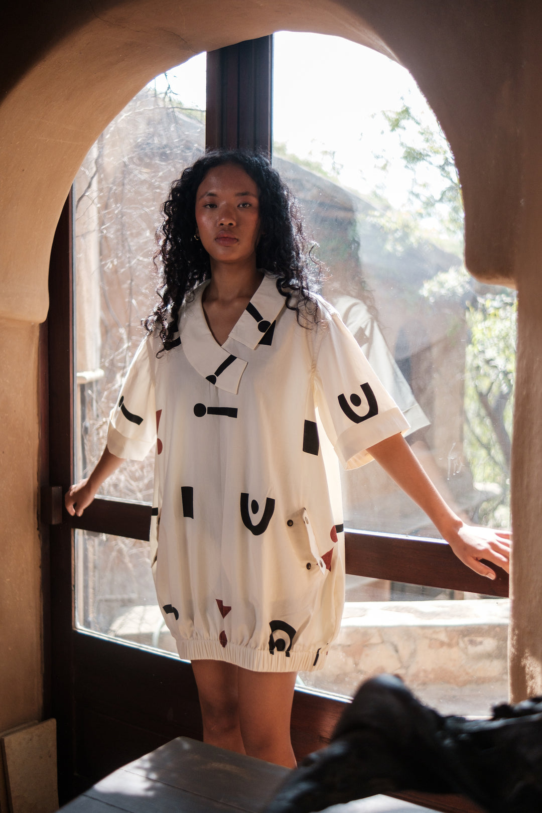 The Terra Tribe Ecru Triangle Printed Sydney Shift Dress