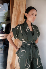 The Terra Tribe Deep Green Line Printed Berlin Shawl Collar