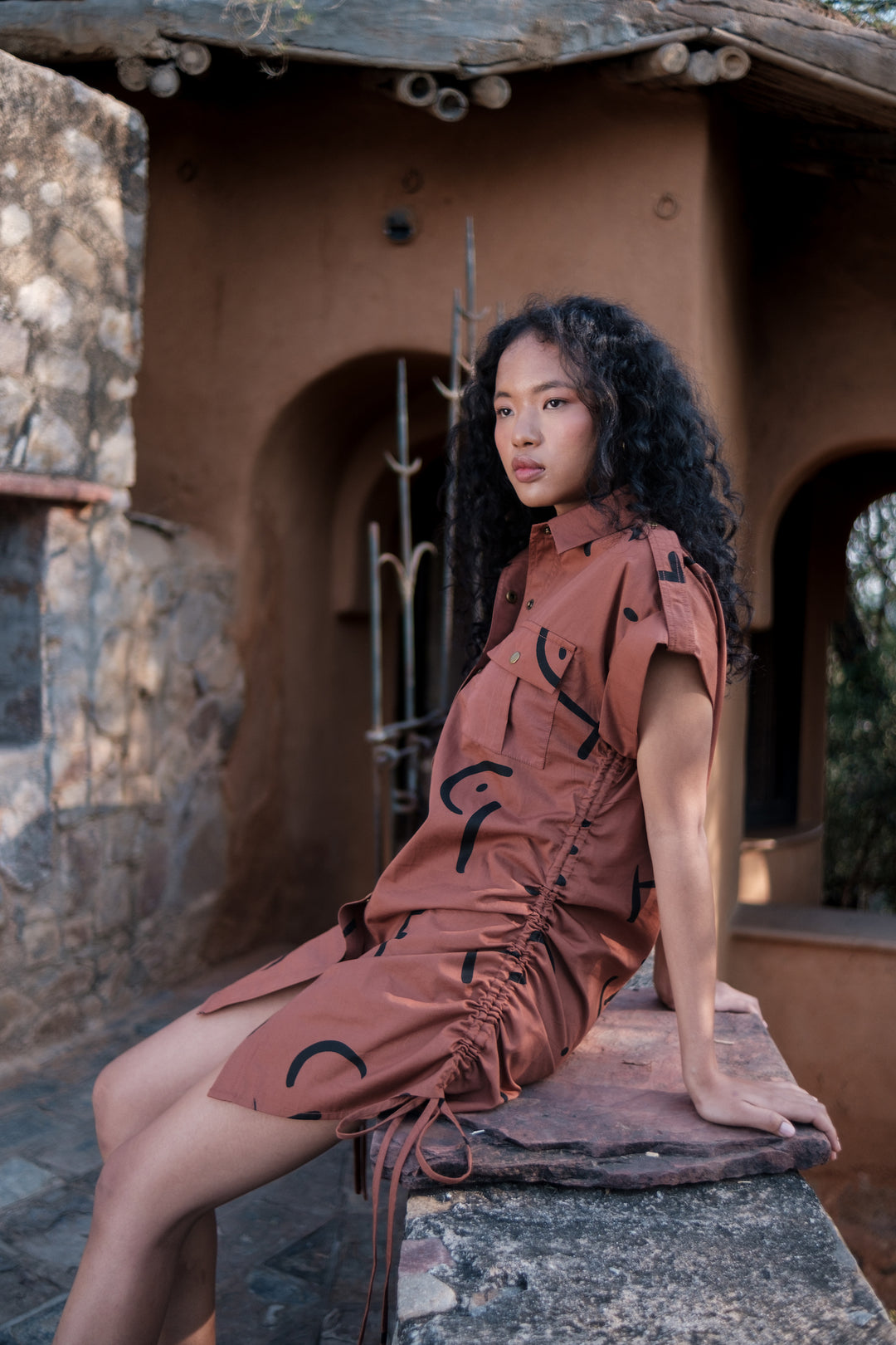 The Terra Tribe Copper Line Printed Sunrise Gather Shirt