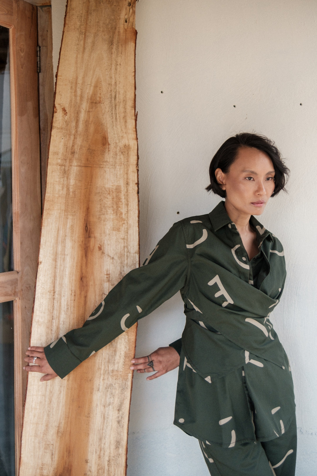 The Terra Tribe Deep Green Line Printed Seattle Wrap Shirt