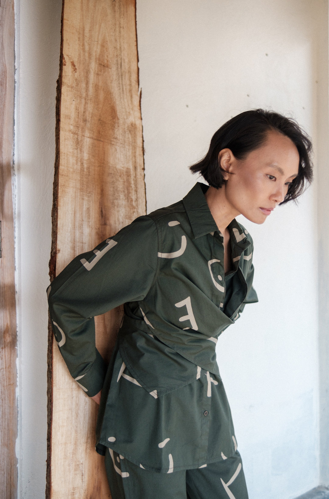 The Terra Tribe Deep Green Line Printed Seattle Wrap Shirt