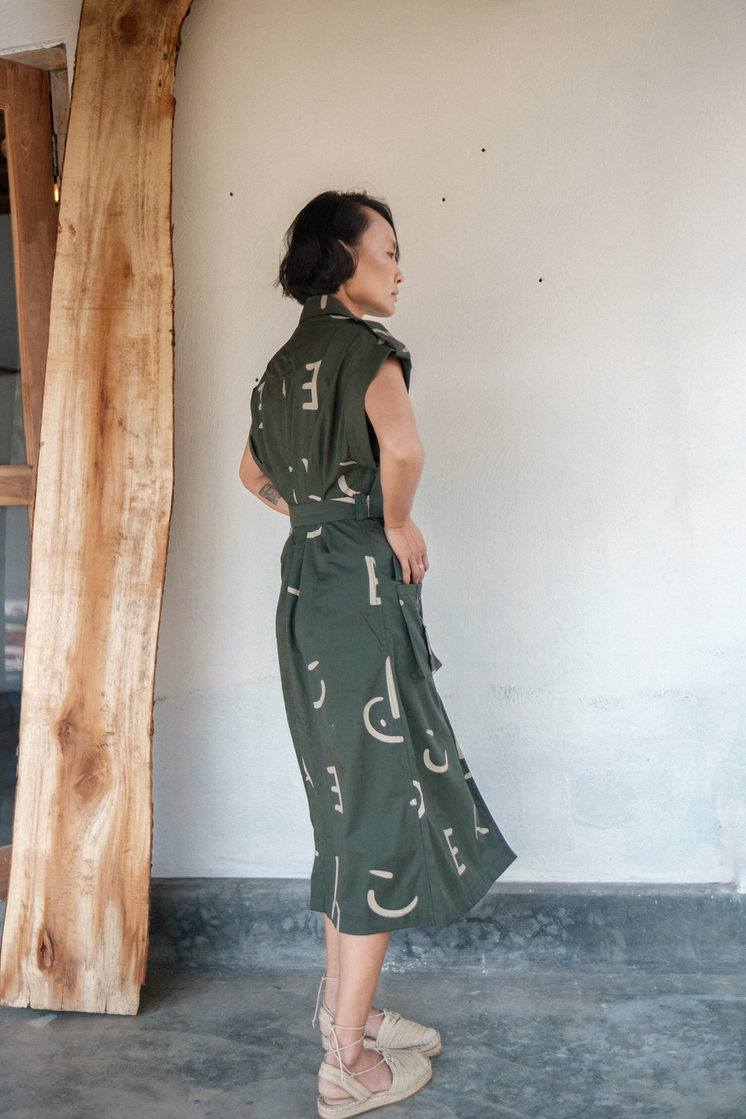 The Terra Tribe Deep Green Line Printed Harajuku Trench