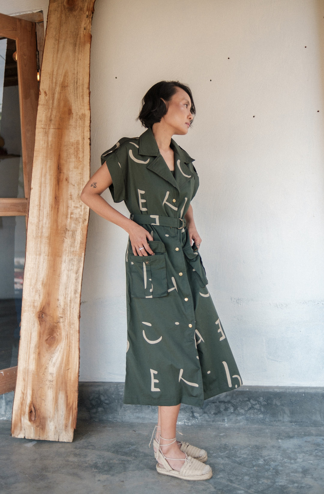 The Terra Tribe Deep Green Line Printed Harajuku Trench