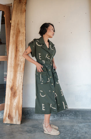 The Terra Tribe Deep Green Line Printed Harajuku Trench