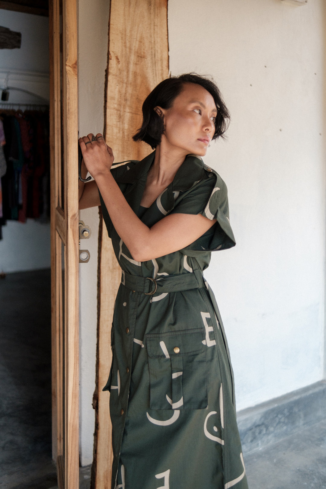 The Terra Tribe Deep Green Line Printed Harajuku Trench