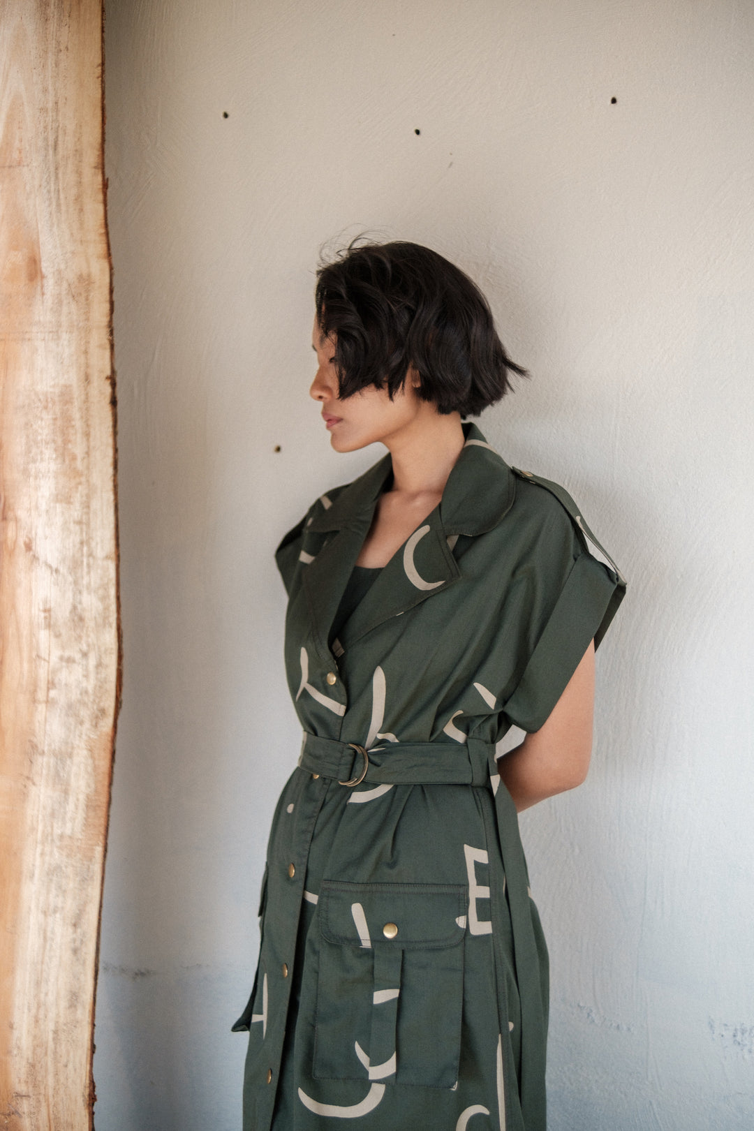 The Terra Tribe Deep Green Line Printed Harajuku Trench