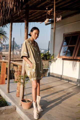 The Terra Tribe Khaki Line Printed Sydney Shift Dress