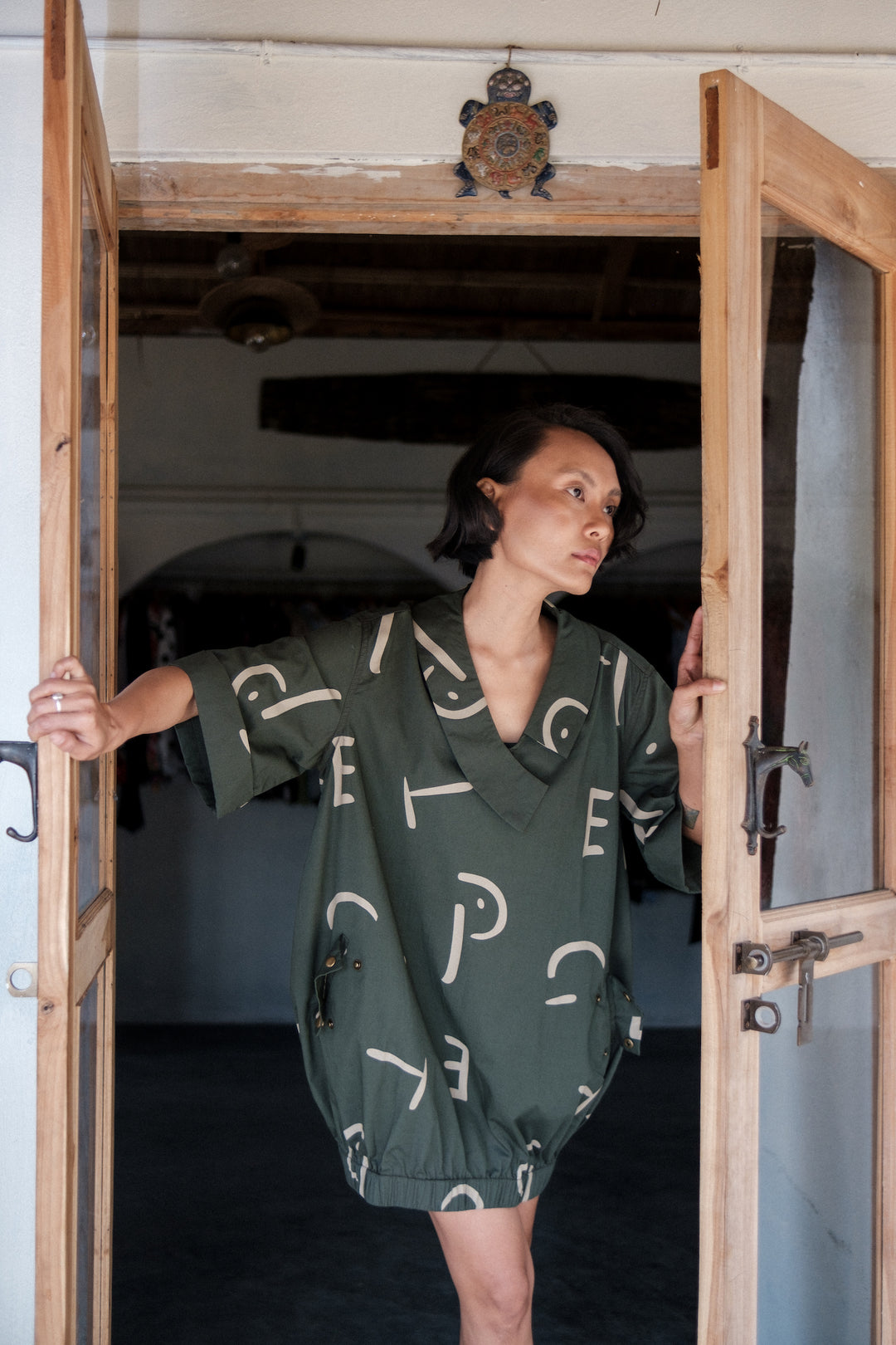 The Terra Tribe Deep Green Line Printed Sydney Shift Dress