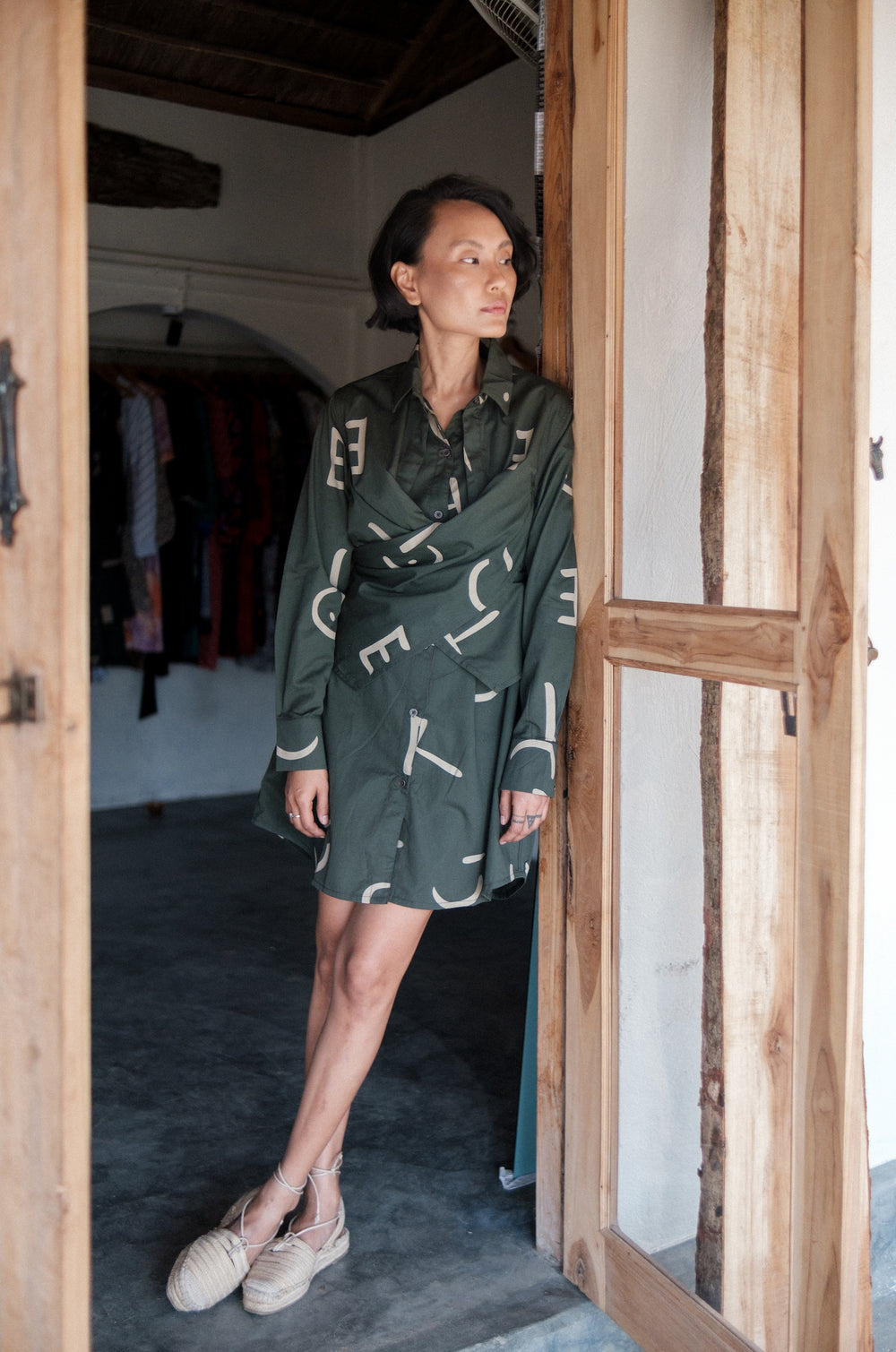 The Terra Tribe Deep Green Line Printed Seattle Wrap Shirt Dress